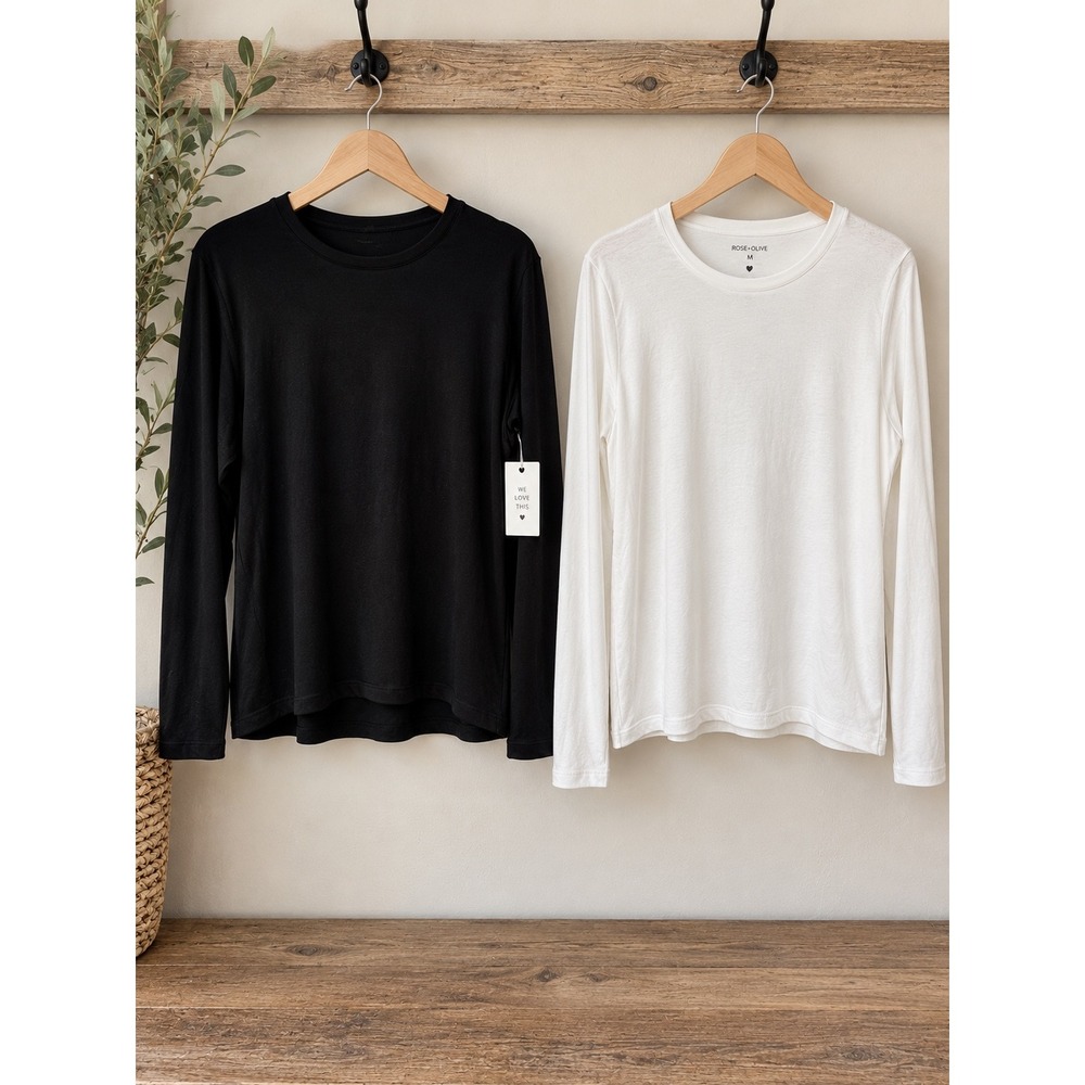 Nine West Soft Spun Crewneck Tee Long Sleeve Black Petite Large NWT 2 Pack